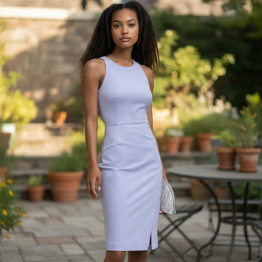 Banana Republic Bi-Stretch Racer-Neck Sheath Dress — Violet Ski, Size 10