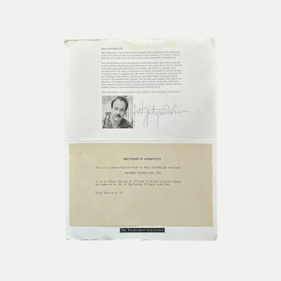 Framed Limited Edition Signed Golf Print – Walt Spitzmiller – Northern Telecom Open 1993 – Certificate