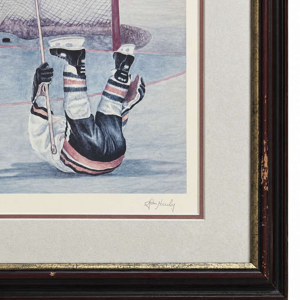 John Newby “He Scores” — Signed Hockey Art Print in Frame