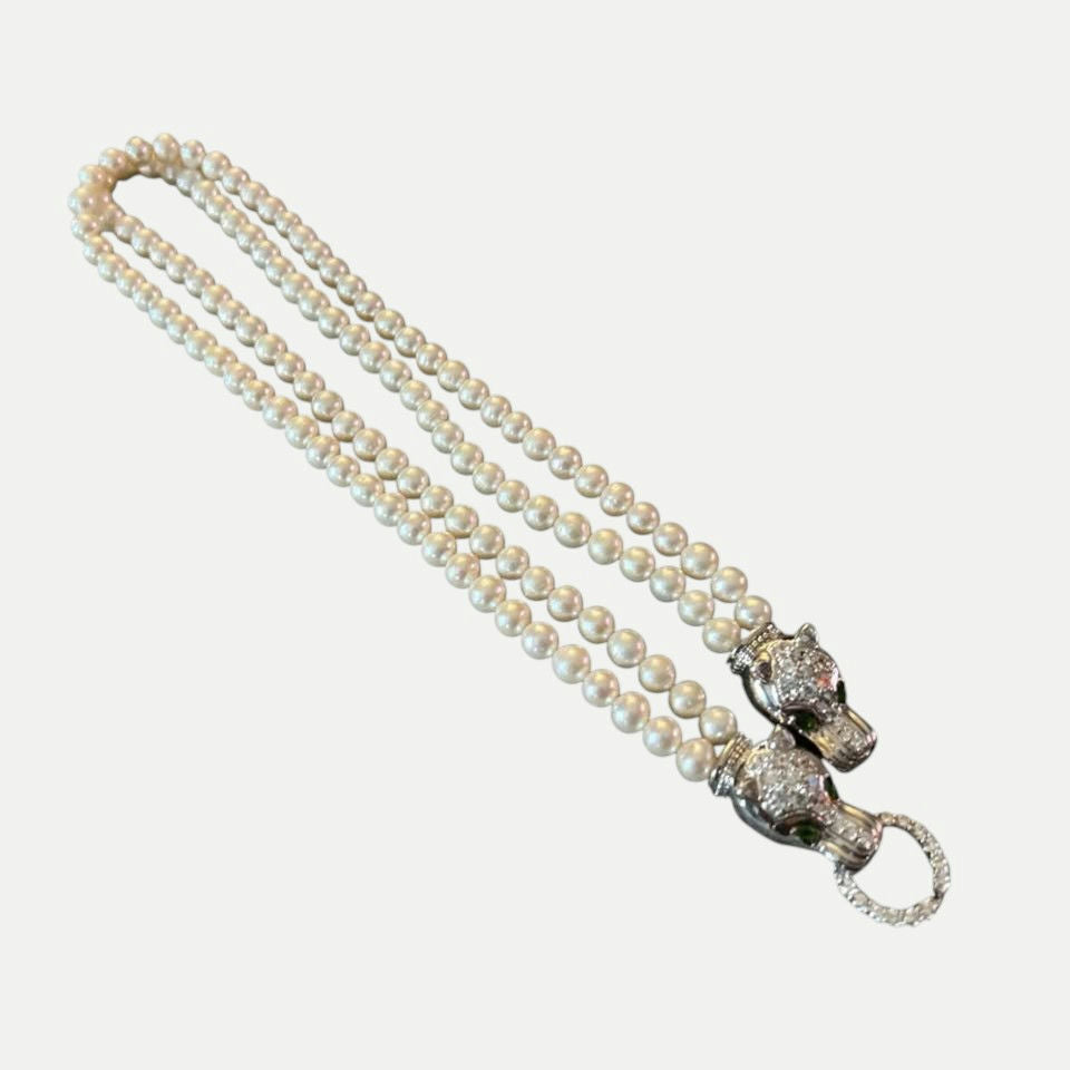 Luxury Pearl Panther Clasp Necklace – Designer Style Double Strand Pearl Necklace