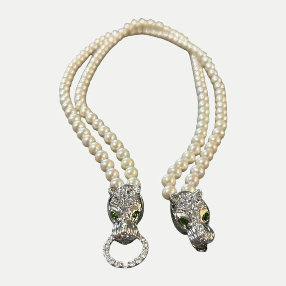 Luxury Pearl Panther Clasp Necklace – Designer Style Double Strand Pearl Necklace