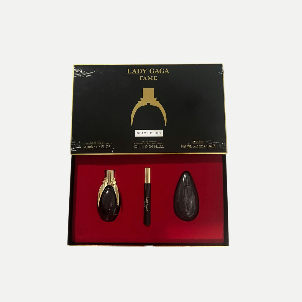 Lady Gaga Fame Black Fluid Vintage Perfume Gift Set – Eau de Parfum 50 ml + Rollerball + Soap
