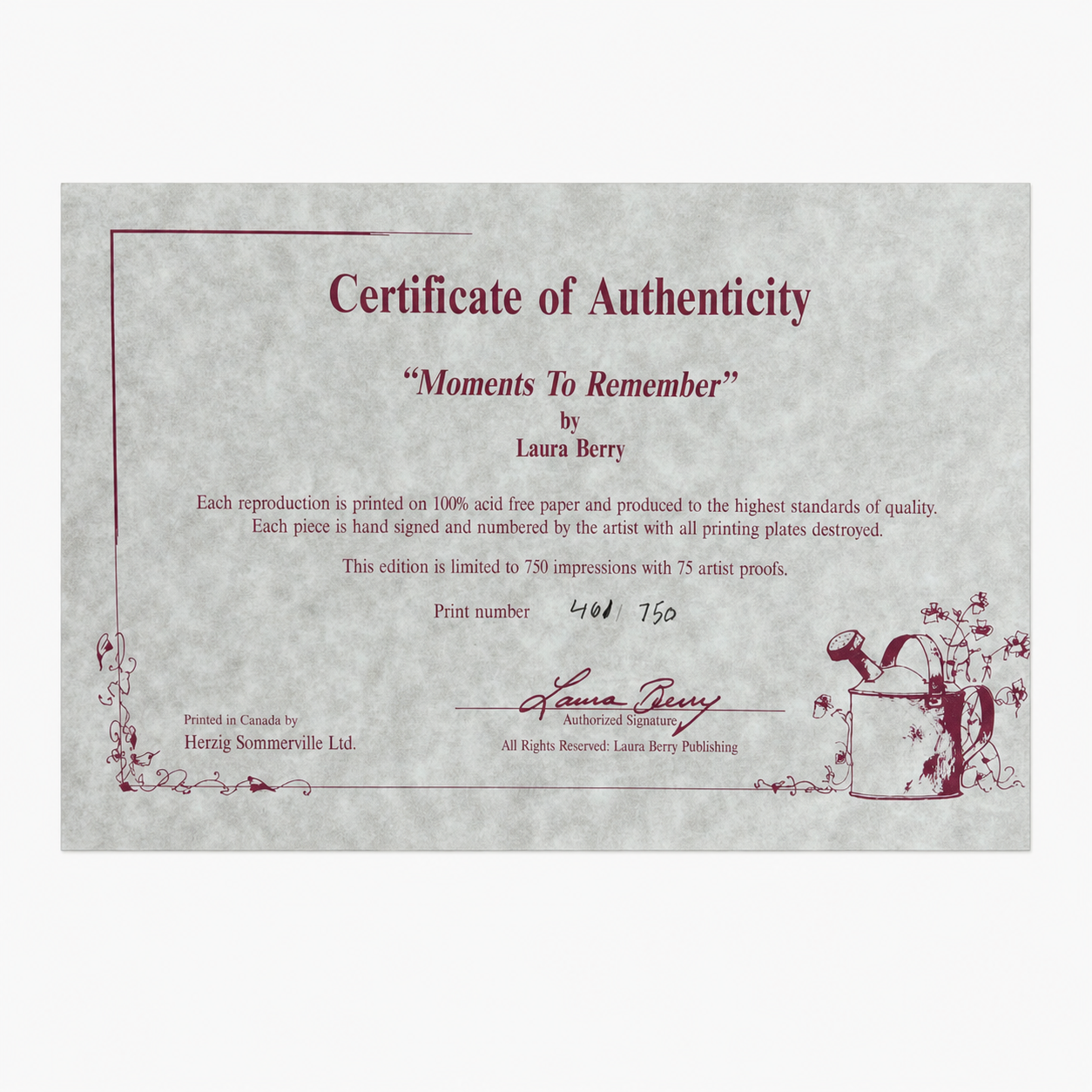 MOMENTS TO REMEMBER by LAURA BERRY ‘92 LIMITED EDITION PRINT; SIGNED, TITLED AND NUMBERED 401/750 WI