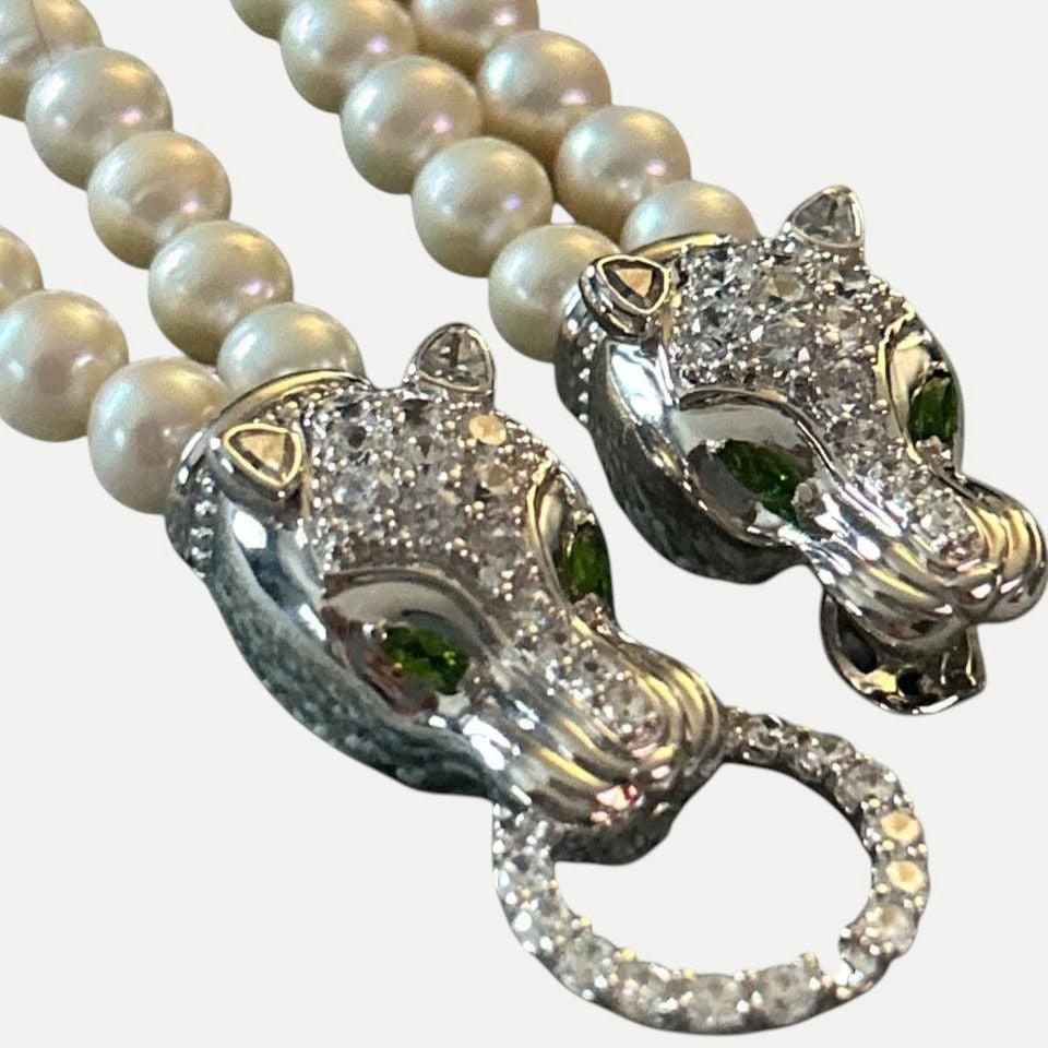 Luxury Pearl Panther Clasp Necklace – Designer Style Double Strand Pearl Necklace
