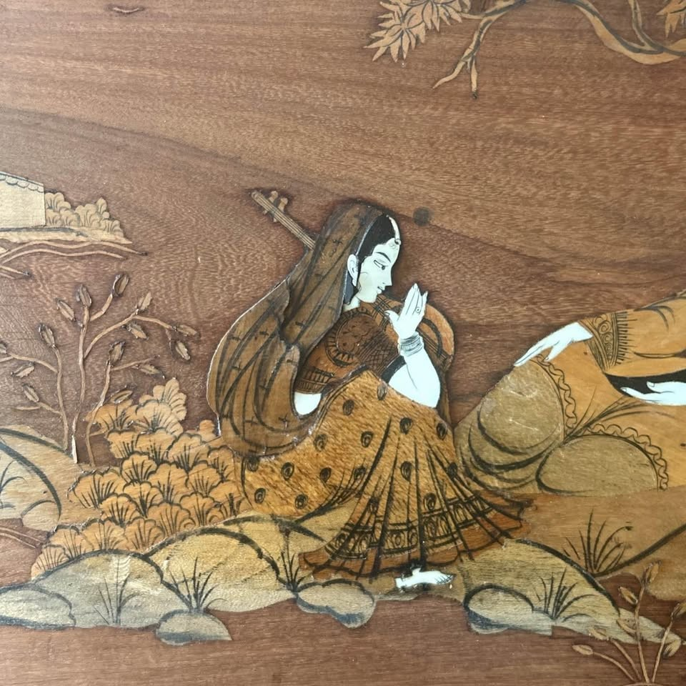 Vintage Indian Wood Inlay Wall Panels Set – Handcrafted Marquetry Art – Taj Mahal Scene